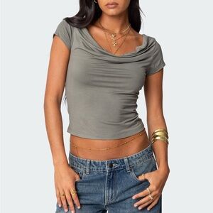 Edikted Sage Green Javi Cowl Neck T-shirt Top